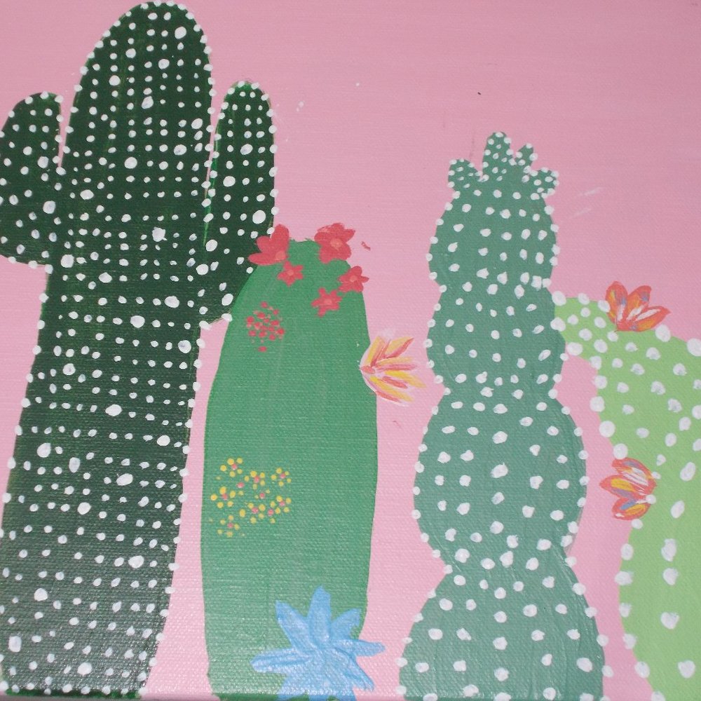 Fun Acrylic Cactus Painting, signed 11"x14"x1.5"
